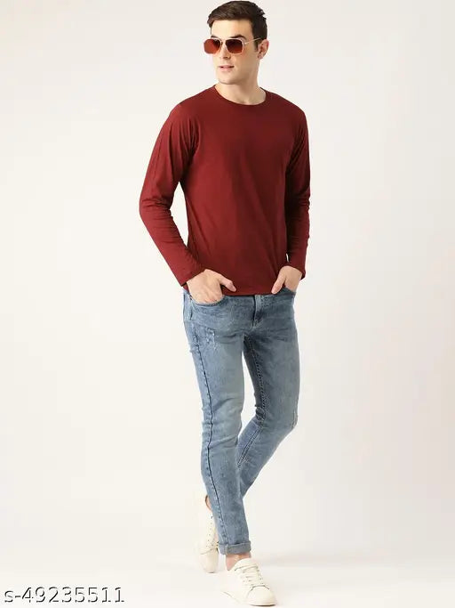 Organic Chics full sleeve cotton men's maroon T-shirt, solid design for fitness enthusiasts, long sleeves and round neck