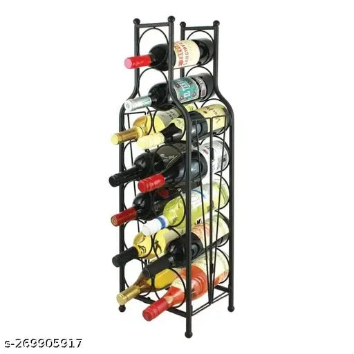 Matte black wooden eminence Art floor wine bottle rack, holds 12 bottles, unique design, collapsible for space-saving storage