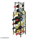 Matte black wooden eminence Art floor wine bottle rack, holds 12 bottles, unique design, collapsible for space-saving storage