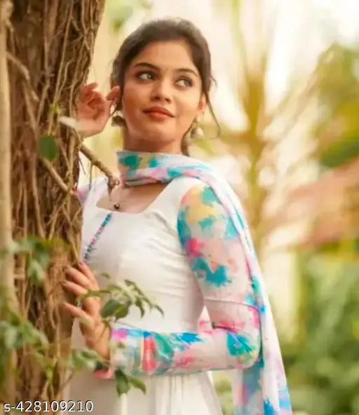 Georgette white digital gown, long sleeves, solid net, women's fashion from India