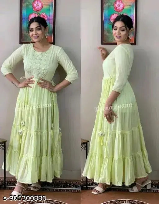 Anarkali cotton green gown, embroidered three-quarter sleeve, Indian traditional wear for women