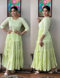 Anarkali cotton green gown, embroidered three-quarter sleeve, Indian traditional wear for women