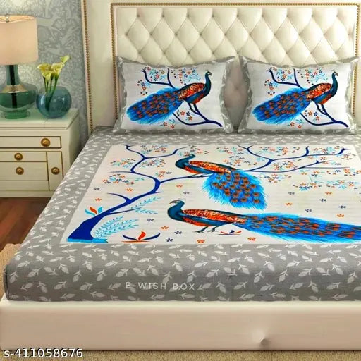 Peacock Print 140 TC Cotton Double Bed Sheet with Vibrant Pillow Covers - Add a touch of Indian elegance to your summer bedroom decor
