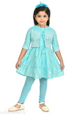 Sky blue cotton anarkali churidar dress set with jacket for girls - sleeveless frock and lightweight jacket, perfect for various occasions