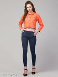 Denim twill jacket for women, solid pattern, long sleeves, L size with bust 38in and length 22in