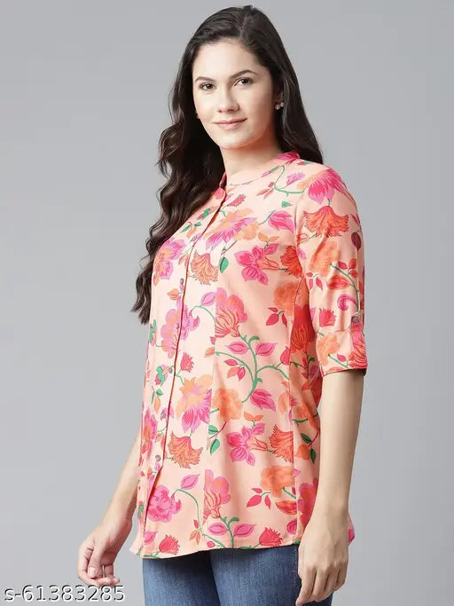 Peach floral print rayon top, three-quarter sleeves, Divena brand, Indian origin, office wear