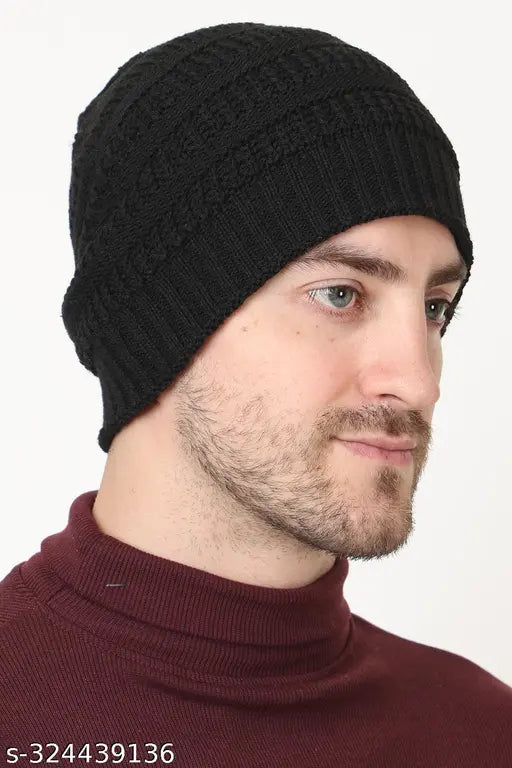 Attractive wool beanie hat for men, self-design pattern in onesize, handcrafted from India