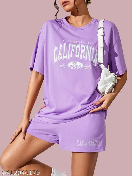Lavender cotton printed women's nightsuit set with half sleeves top & shorts - lightweight, comfortable, Indian origin