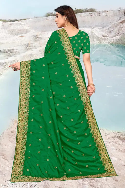 Bottle Green Vichitra Silk Embroidered Bridal Saree with Satin Silk Separate Blouse, India
