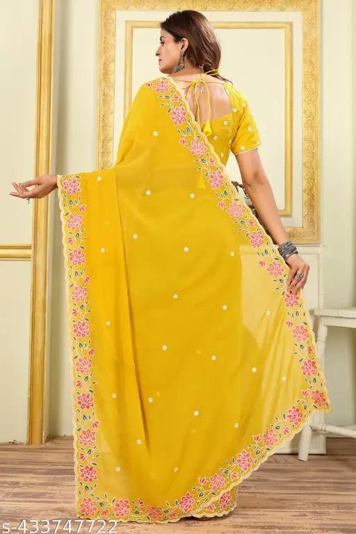 Yellow Georgette saree with embroidered border and unstitched blouse piece, Indian party/festival wear
