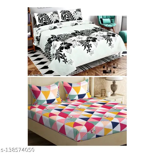 Azure Glace Cotton Flat Sheets & Pillow Covers Set, geometric print, 280 thread count, ideal for adult summers, 2 bedsheet and 4 pillow covers combo