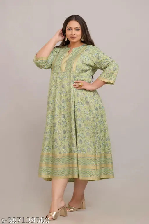 Green rayon maxi dress with printed combo, three-quarter sleeves by Fashion Zest. India-made plus size Anarkali gown for a stylish and pleasant mood