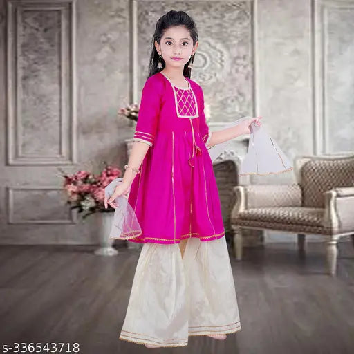 Striped dupion silk A-line kurta Sharara & Dupatta set for kids ethnic wear, comfortable in all seasons