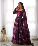 Floral print Georgette designer gown for women, Indian ethnic party/wedding evening wear with long sleeves