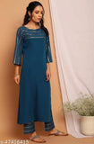 Teal poly crepe women's striped kurta with palazzos - casual Indian attire for stylish occasions, country of origin: India
