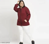 Maroon fleece long-sleeve zipper hoodie, stylish plus size for women, solid pattern
