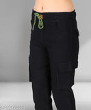 Stretchable Premium Denim Black Cargo Jogger Jeans for girls plus size, tie-ups detail, mid waist, 100% Indian manufacturer