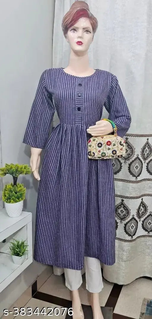 Purple woolen frock kurti for winter, striped design with three-quarter sleeves. Perfect for casual or formal wear