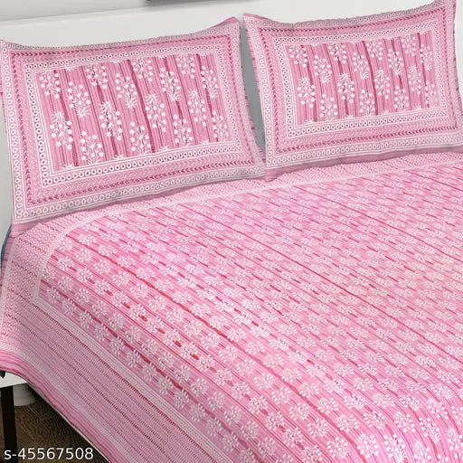 White cotton floral flat sheets set by Pari Creations, includes 1 king-size bedsheet and 2 pillow covers, ideal for AC rooms, machine washable in cold water