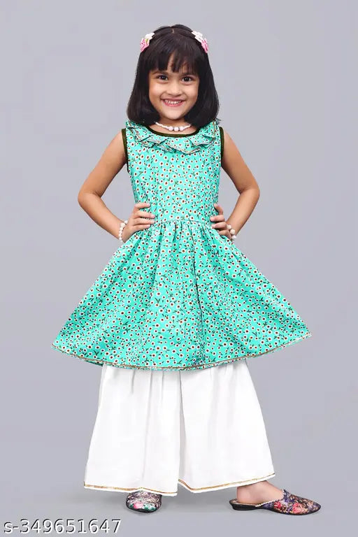 Queenpin Festive Collection Firozi Palazzo Kurta Set for Girl - printed crepe anarkali top with sleeveless design and dhoti pants, sizes ranging from 12-18 months to 7-8 years, Indian origin
