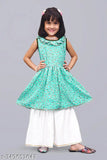 Queenpin Festive Collection Firozi Palazzo Kurta Set for Girl - printed crepe anarkali top with sleeveless design and dhoti pants, sizes ranging from 12-18 months to 7-8 years, Indian origin