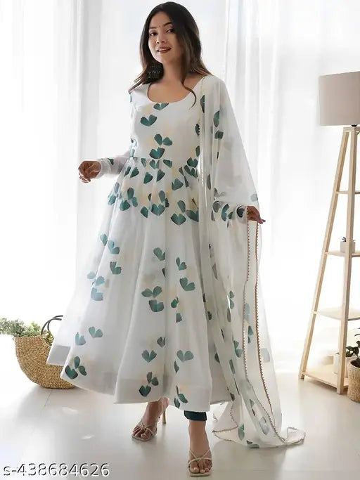 White Georgette fit and flared A-line gown with floral print, suitable for Western casual marriage and office wear. Lightweight and comfortable, perfect for summer events or everyday occasions