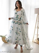 White Georgette fit and flared A-line gown with floral print, suitable for Western casual marriage and office wear. Lightweight and comfortable, perfect for summer events or everyday occasions