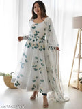 White Georgette fit and flared A-line gown with floral print, suitable for Western casual marriage and office wear. Lightweight and comfortable, perfect for summer events or everyday occasions
