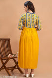 Mustard printed rayon flared kurta for women, trendy three-quarter sleeves design from India