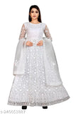 White net chain stitch embroidered gown, semi-stitched with three-quarter sleeves and inner/dupatta available, India origin