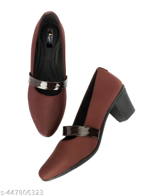 Brown colorblocked textile pumps, closed back, mid-height block heel - durable construction for versatile wear and all-day comfort