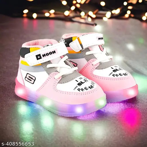 Patent leather pink running shoes with LED light for kids age 1-10 years, ideal for both summer and winter