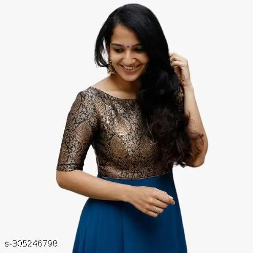 Georgette Reeva kurti, solid-colored Indian flared gown with Banarasi brocade, full stitched and 53 inch in length