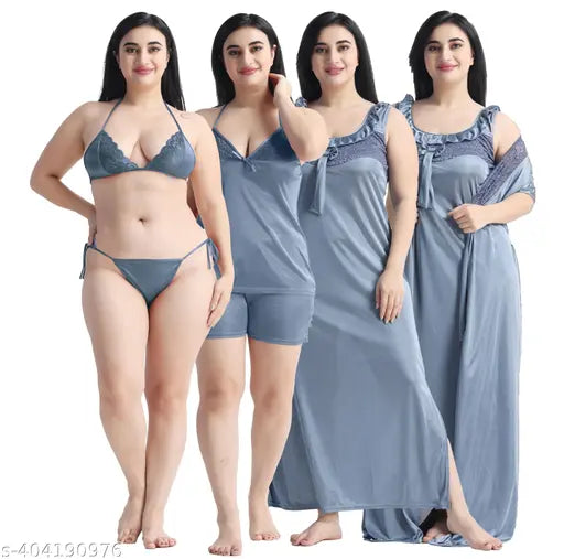 Satin nightie set with robe and nicker-top, full-length 6-piece bridal sleepwear for women, soft and comfortable print nightdress in sizes M-XXXL