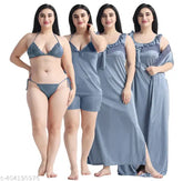 Satin nightie set with robe and nicker-top, full-length 6-piece bridal sleepwear for women, soft and comfortable print nightdress in sizes M-XXXL