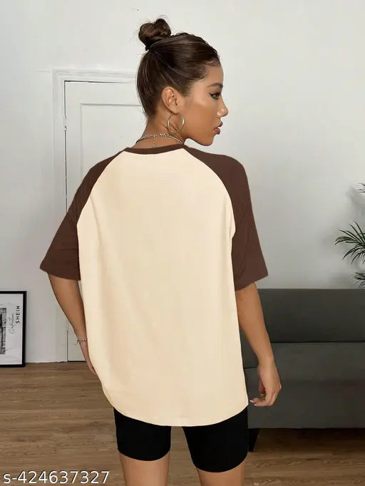 Oversized cotton printed raglan t-shirt, three-quarter sleeves, women's fashion clothing for XS to XXL sizes, India origin