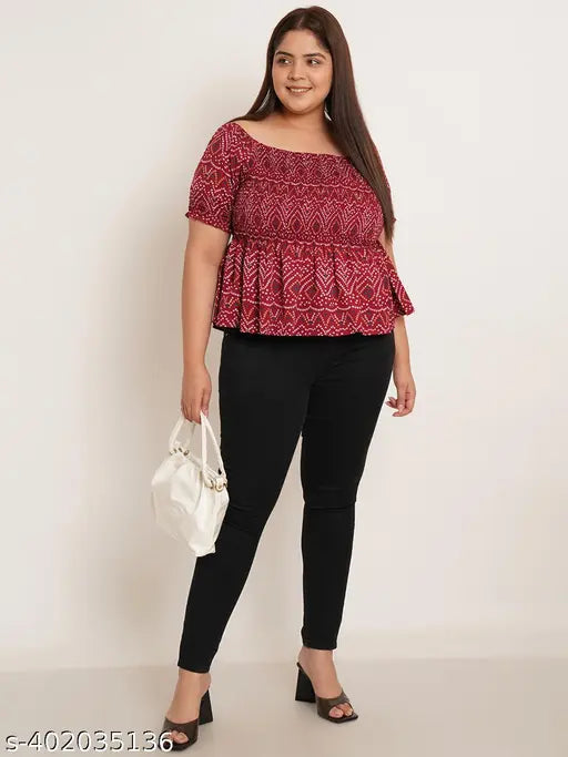 Maroon woven crepe Plus Size Bandhani Print Top, ethnic motifs print, square neck, short puff sleeves, India