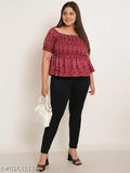 Maroon woven crepe Plus Size Bandhani Print Top, ethnic motifs print, square neck, short puff sleeves, India