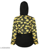 Black and yellow cotton blend full sleeve hoodie jacket with printed front zipper closure for girls aged 5-6 years (India)
