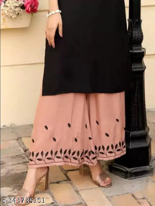 Peach and black embroidered Rayon Kurta with Palazzos, hand-embroidered women's fashion from Jaipur