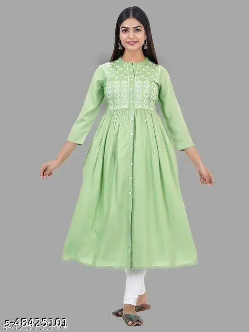 Embroidered rayon kurti, three-quarter sleeves, fashionable Indian attire