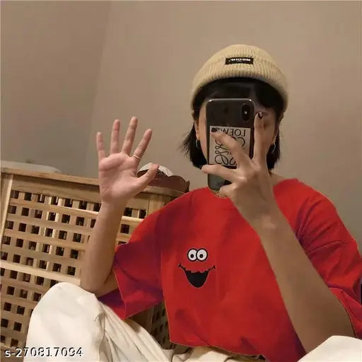 Women's oversize pocket smile tee, cotton short-sleeved t-shirt with print, available in S to XXXXL sizes