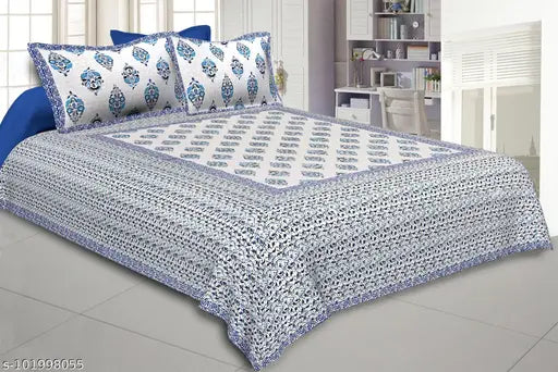Pure blue cotton floral double king-size bed sheets (90x108 inch), superfine quality, perfect for adults, India origin