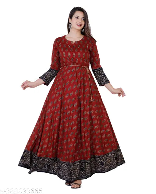 Marron Rayon Anrkali Kurta with umbrella cut, gold print & blue border - Indian partywear