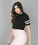 Black cotton blend women's summer crop top, short sleeves, solid design - S (32in bust, 16in length)