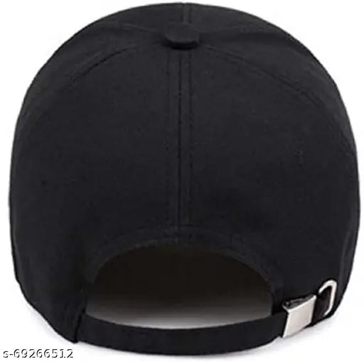White embroidery cotton baseball cap (black), modern design with self-print, adjustable for men and boys. Made in India