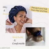 Blue premium satin silk shower cap for curly hair, adjustable and dual-layered design, protects while sleeping