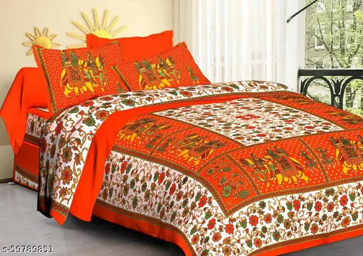Sanganeri Printed Cotton Double Bedsheet with 2 Pillow Covers - Traditional Rajasthani Designs for Heavy Winter Use