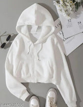 White wool crop hoodie for kids, solid pattern and long sleeves, size 9-10 years