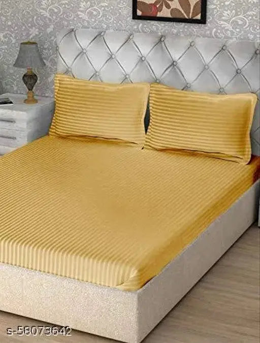 Yellow and Grey Akin 220 TC Glace Cotton Striped Double King Bed Sheet Set, with 4 pillow covers for home, hotels, guest houses